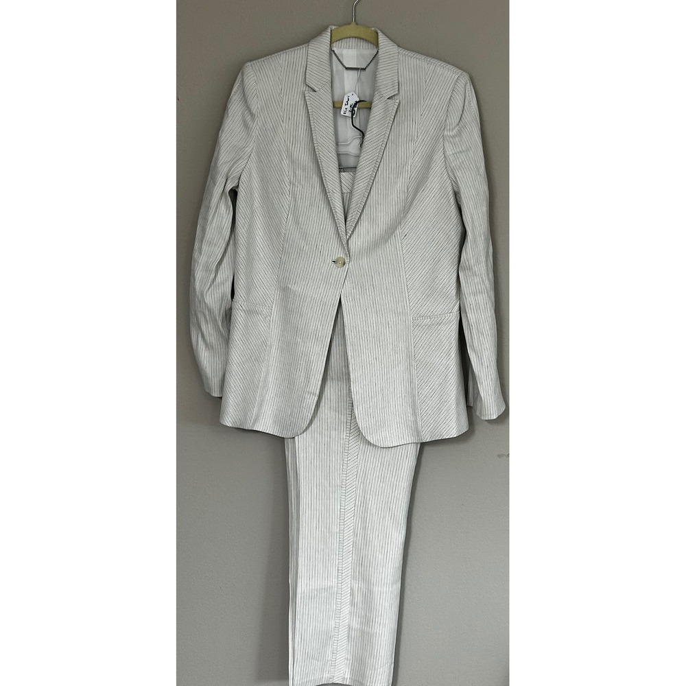 Elie Tahari Womens Linen Blend Pinstripe 2 Piece Pant Suit Beige White 12 14